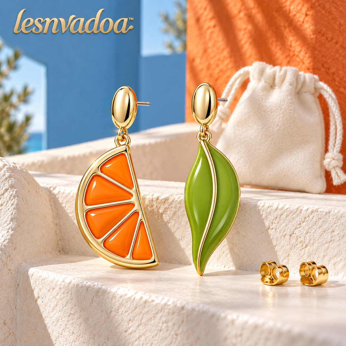 lesnvadoa™ Citrus Twist Orange & Leaf Mismatched Drop Earrings, Colorful Enamel Fruit Jewelry for Women