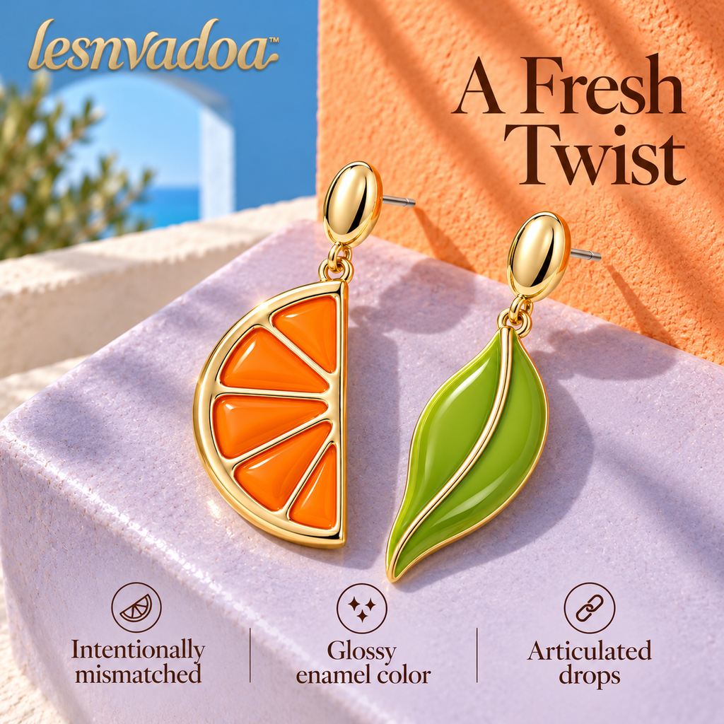 lesnvadoa™ Citrus Twist Orange & Leaf Mismatched Drop Earrings, Colorful Enamel Fruit Jewelry for Women