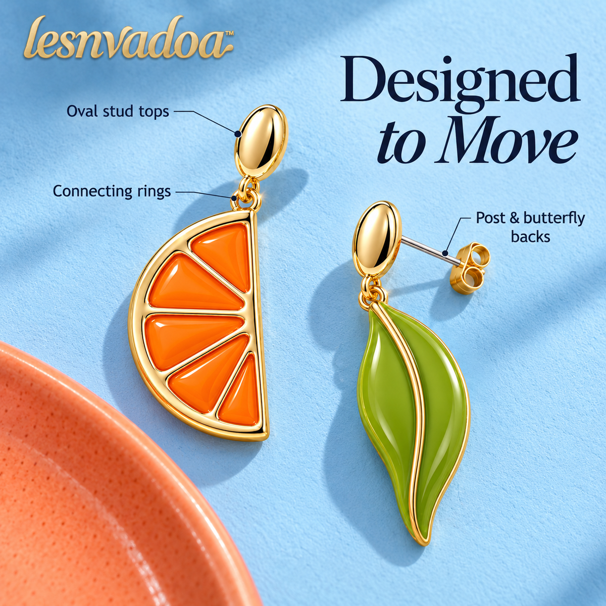 lesnvadoa™ Citrus Twist Orange & Leaf Mismatched Drop Earrings, Colorful Enamel Fruit Jewelry for Women
