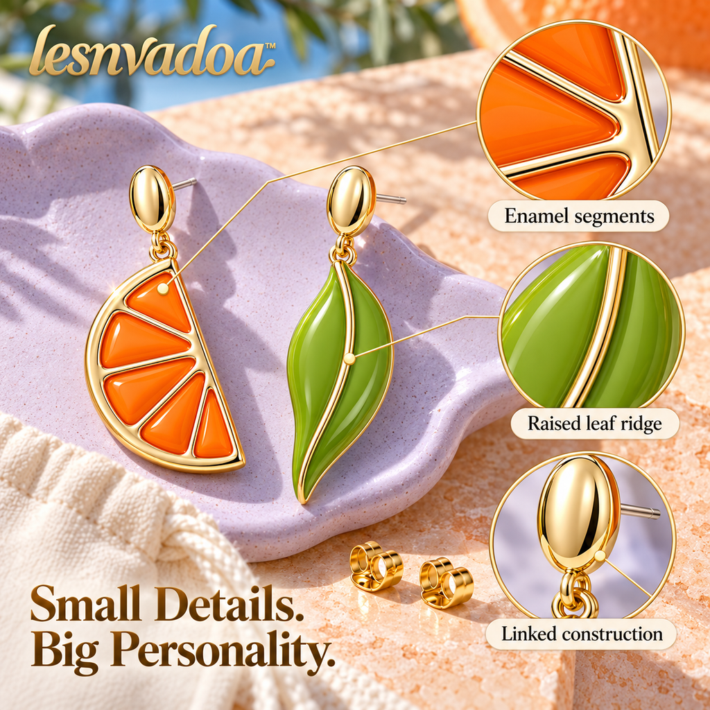 lesnvadoa™ Citrus Twist Orange & Leaf Mismatched Drop Earrings, Colorful Enamel Fruit Jewelry for Women