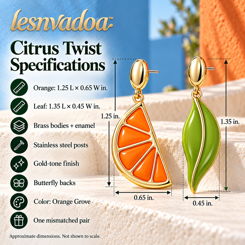 lesnvadoa™ Citrus Twist Orange & Leaf Mismatched Drop Earrings, Colorful Enamel Fruit Jewelry for Women