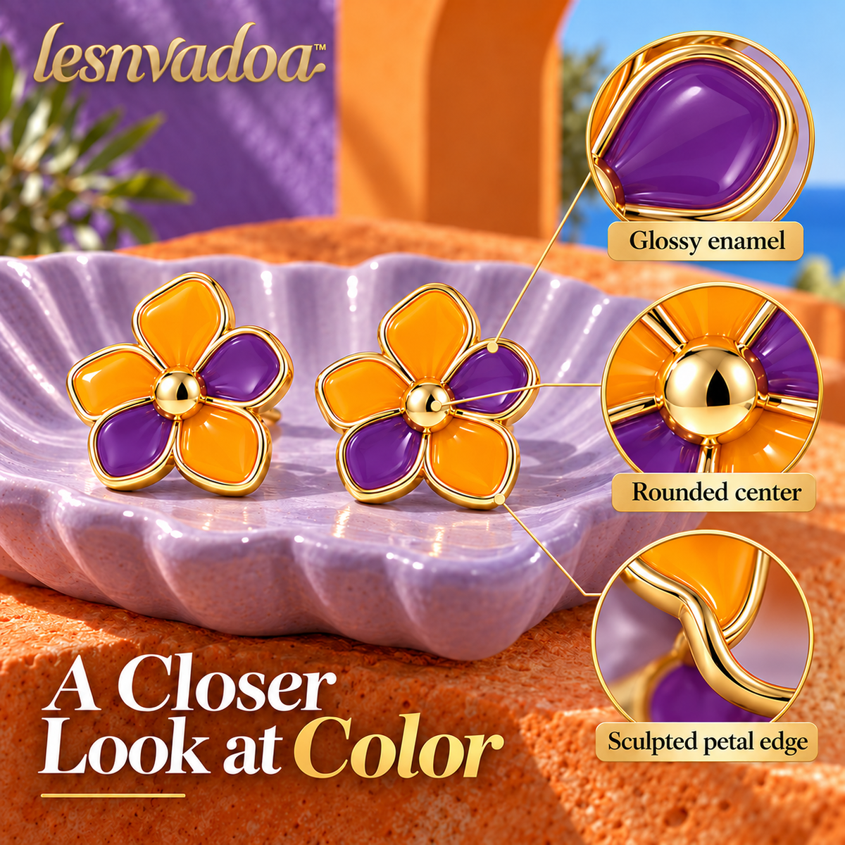lesnvadoa™ Colorwheel Flower Stud Earrings, Sculpted Enamel Petal Statement Earrings for Women