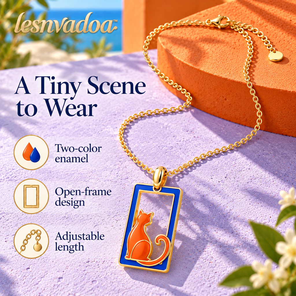 lesnvadoa™ Curious Cat Window Pendant Necklace, Enamel Animal Jewelry with Adjustable Cable Chain