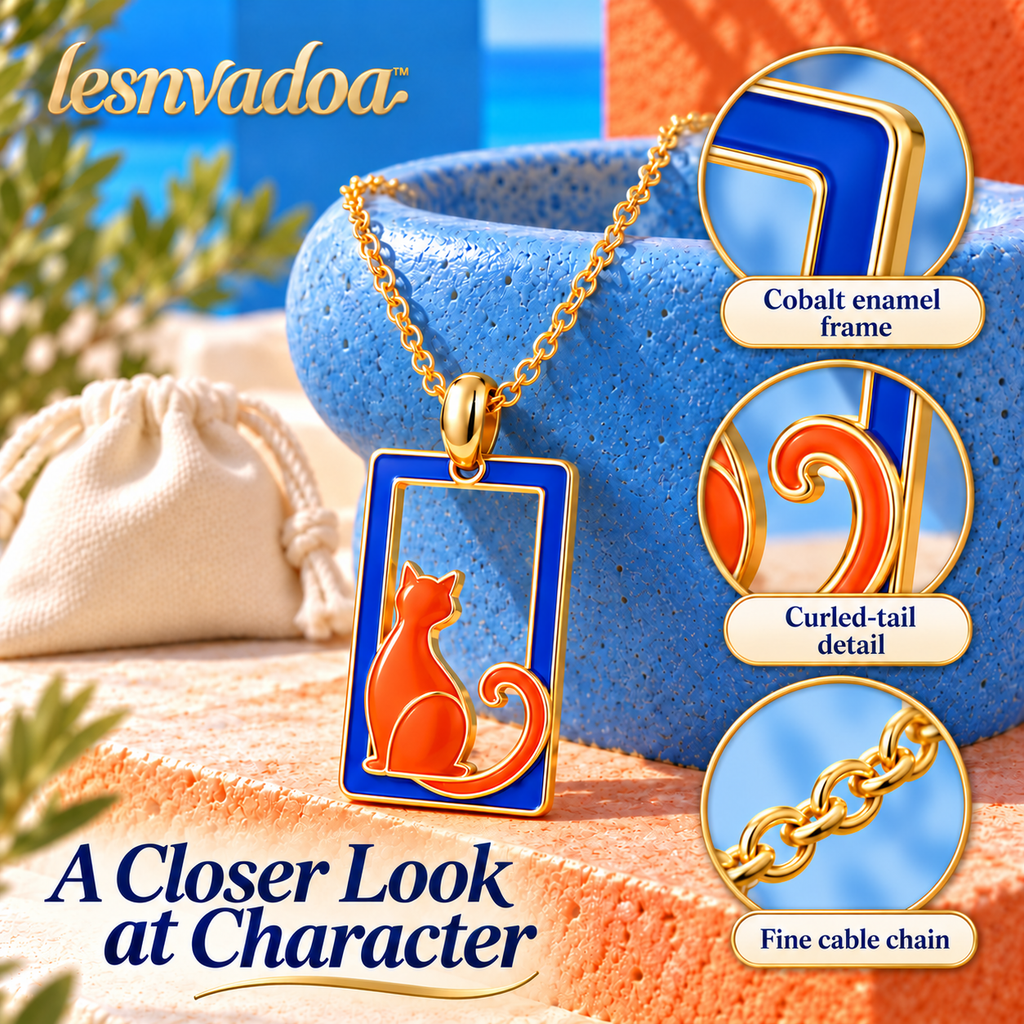 lesnvadoa™ Curious Cat Window Pendant Necklace, Enamel Animal Jewelry with Adjustable Cable Chain