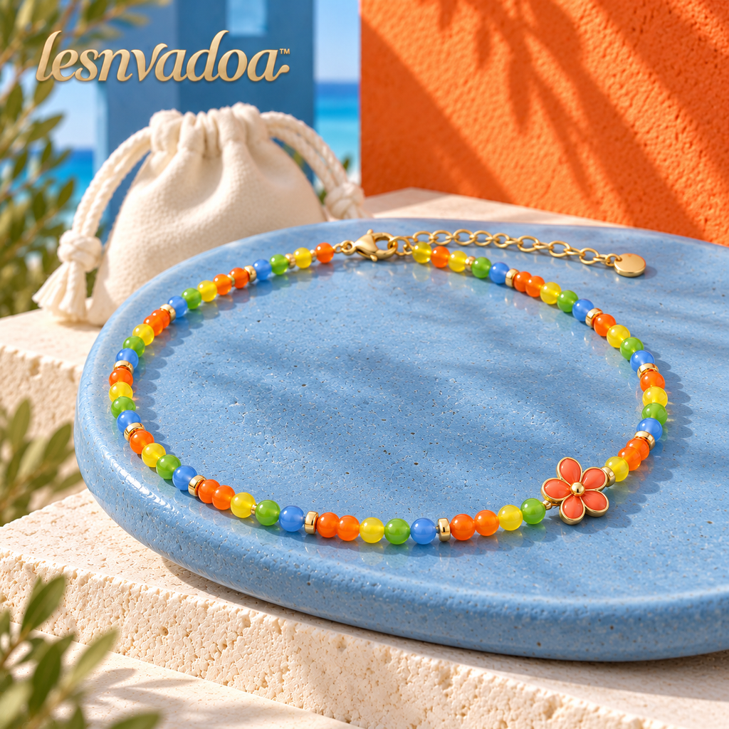 lesnvadoa™ Glass Confetti Beaded Necklace, Colorful Glass Beads with Off-Center Flower Charm