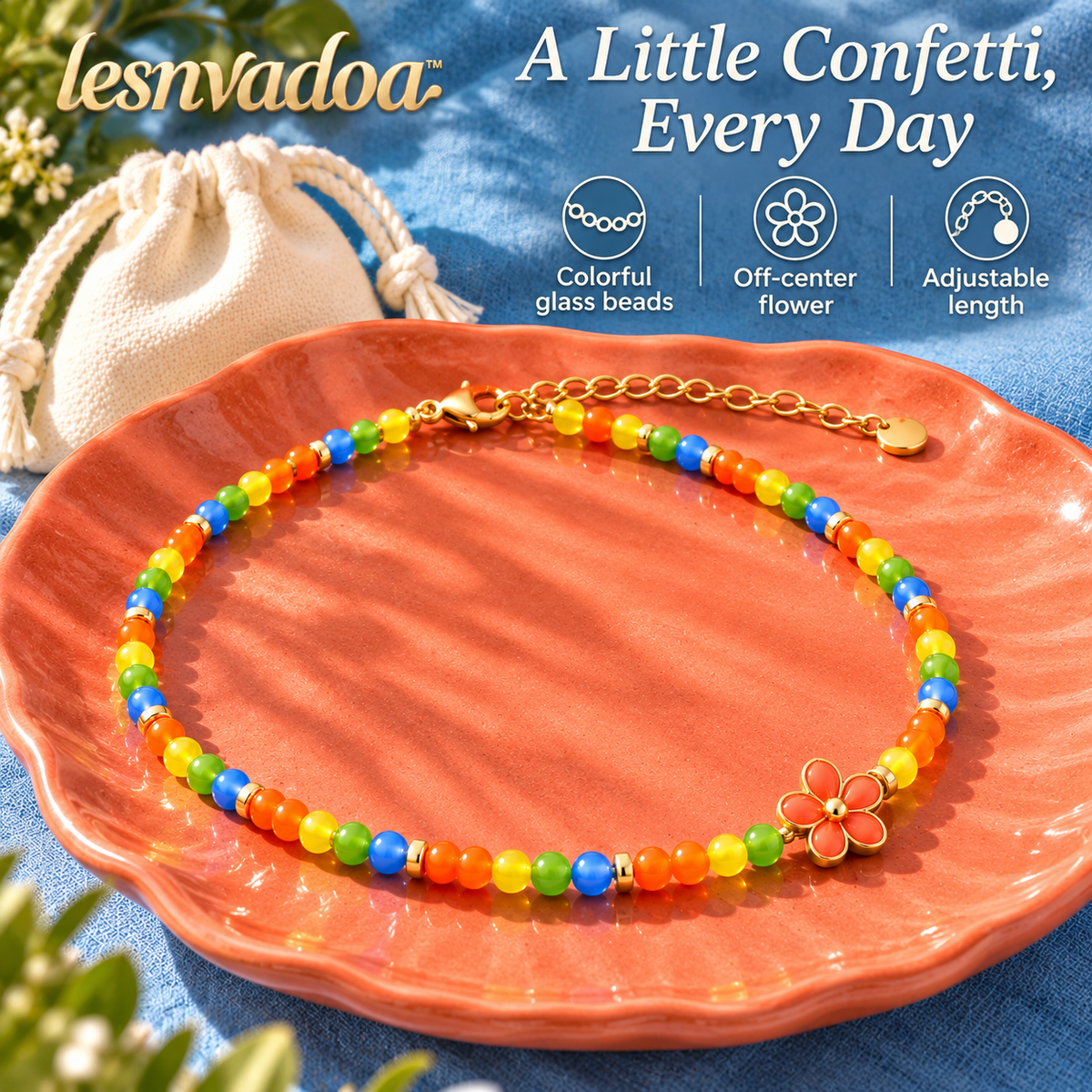 lesnvadoa™ Glass Confetti Beaded Necklace, Colorful Glass Beads with Off-Center Flower Charm