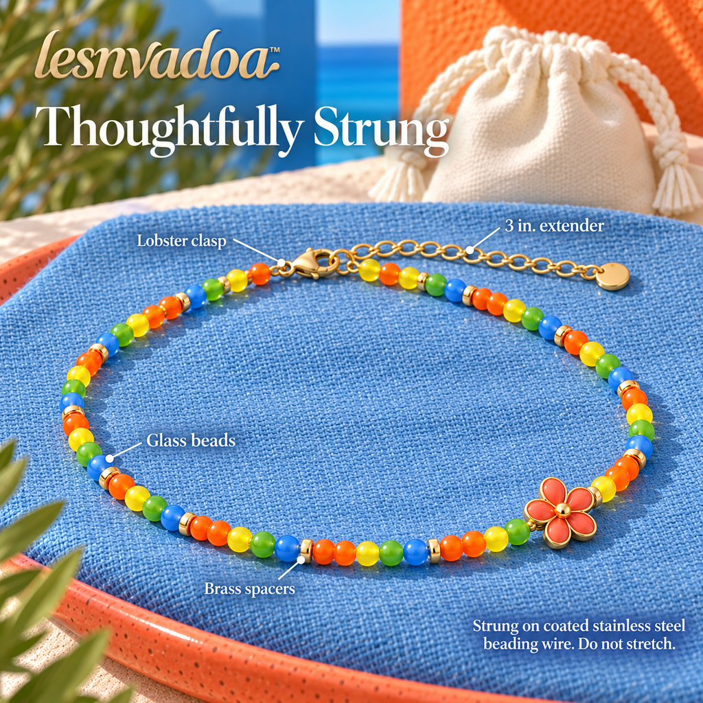 lesnvadoa™ Glass Confetti Beaded Necklace, Colorful Glass Beads with Off-Center Flower Charm