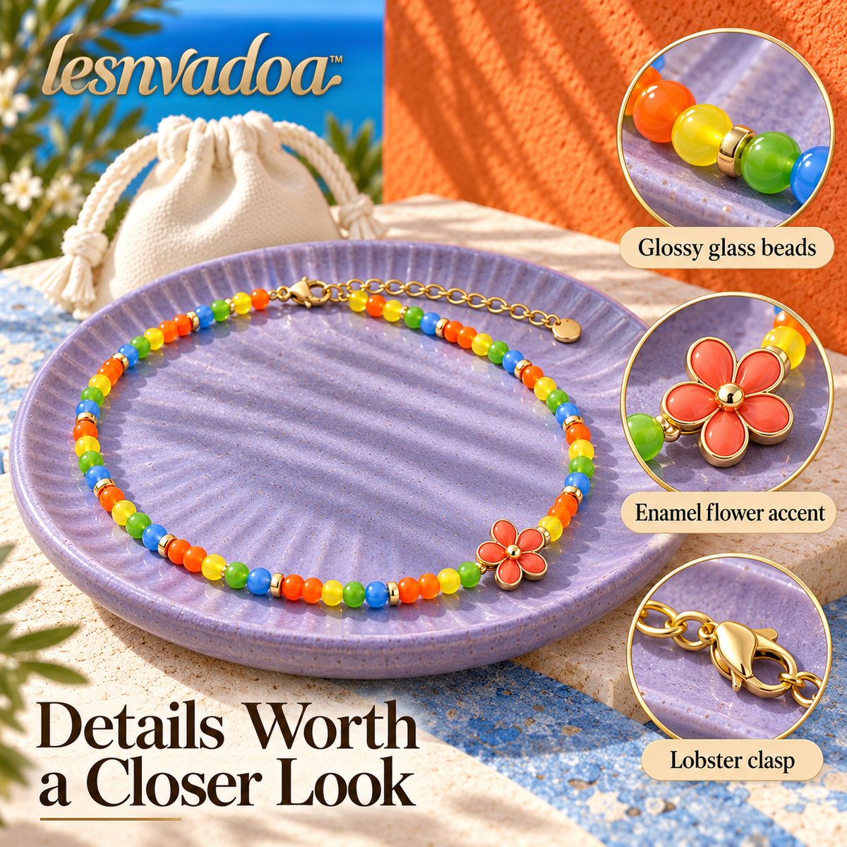 lesnvadoa™ Glass Confetti Beaded Necklace, Colorful Glass Beads with Off-Center Flower Charm