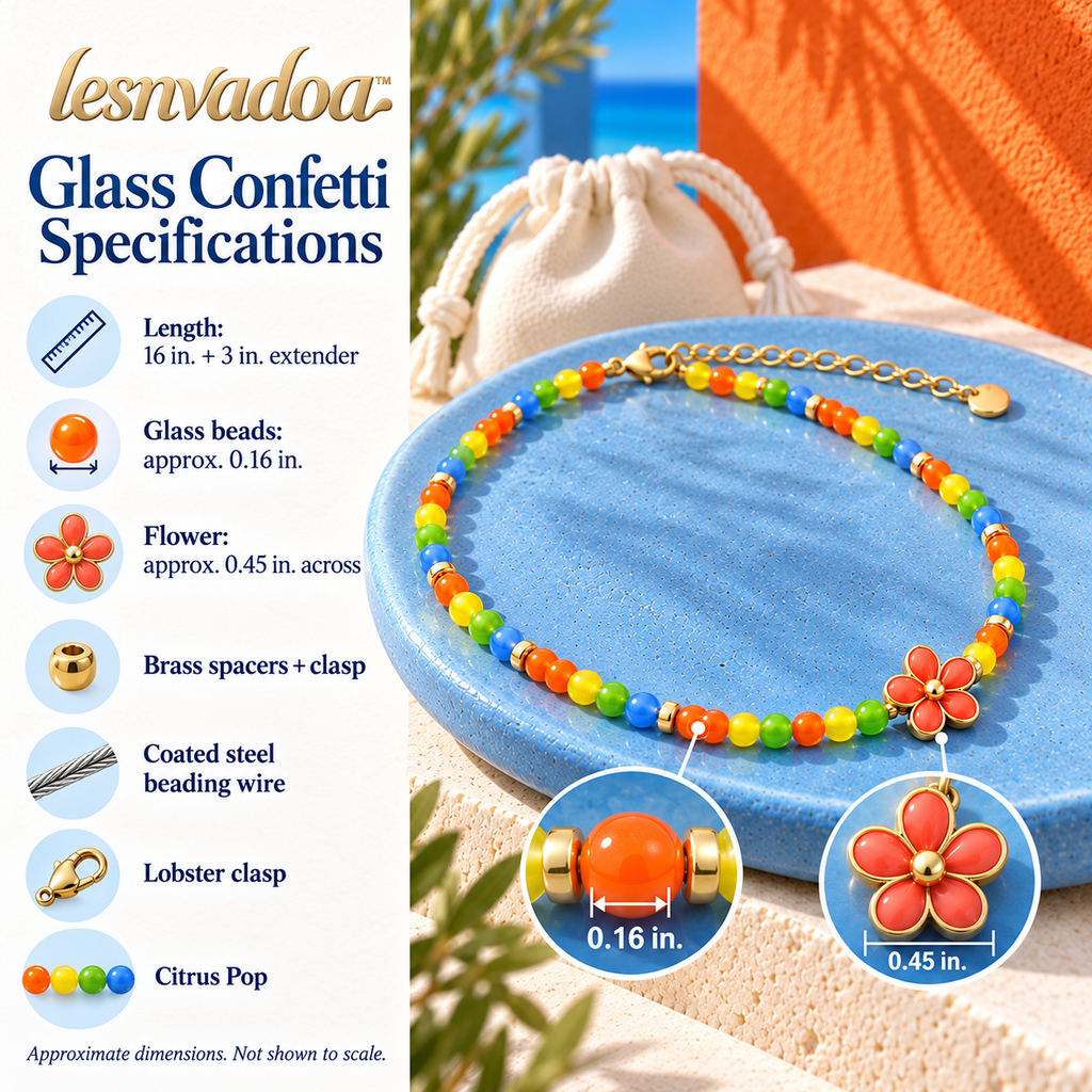 lesnvadoa™ Glass Confetti Beaded Necklace, Colorful Glass Beads with Off-Center Flower Charm