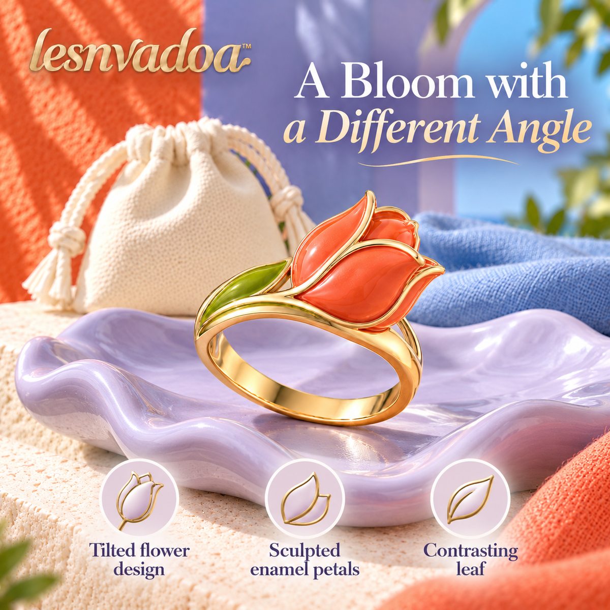 lesnvadoa™ Tilted Tulip Sculptural Flower Ring, Colorful Enamel Botanical Statement Jewelry