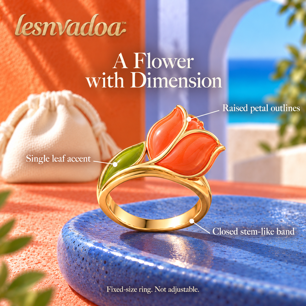 lesnvadoa™ Tilted Tulip Sculptural Flower Ring, Colorful Enamel Botanical Statement Jewelry