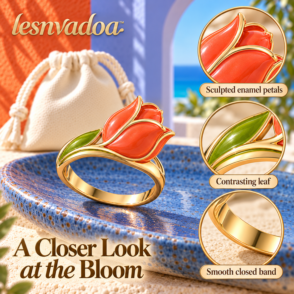 lesnvadoa™ Tilted Tulip Sculptural Flower Ring, Colorful Enamel Botanical Statement Jewelry